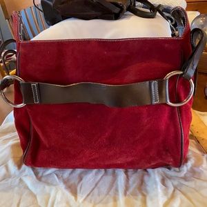 Les Copains Jeans red suede hobo with brown leather trim and strap